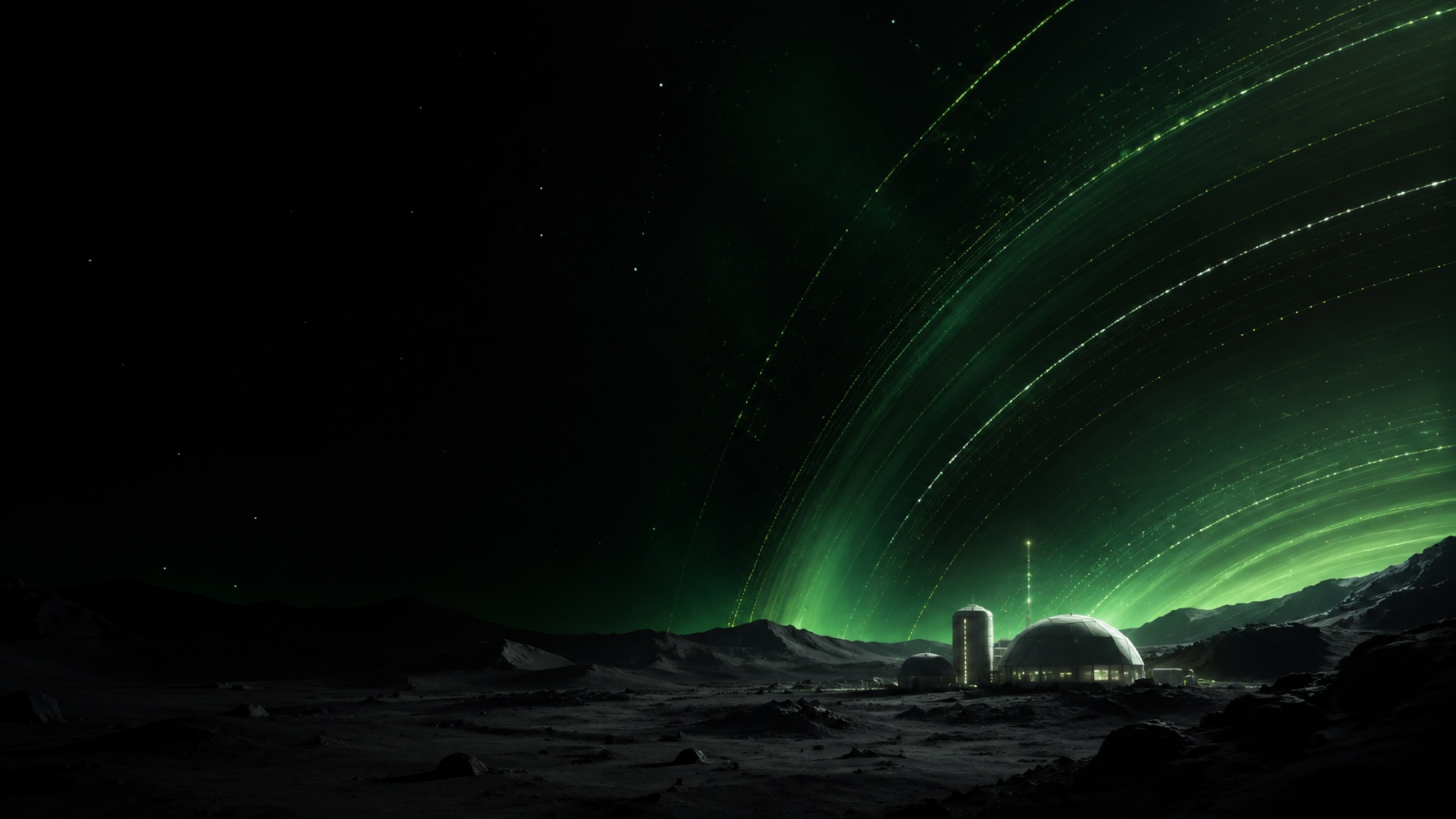 Distant research outpost beneath an emerald orbital arc